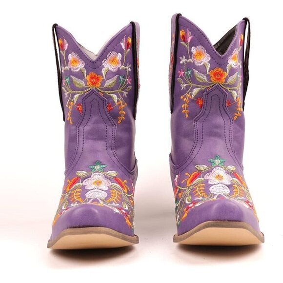 Women Flower Embroidered Ankle Booties Purple Synthetic Chunky Heel Short Boots - Picture 6 of 6